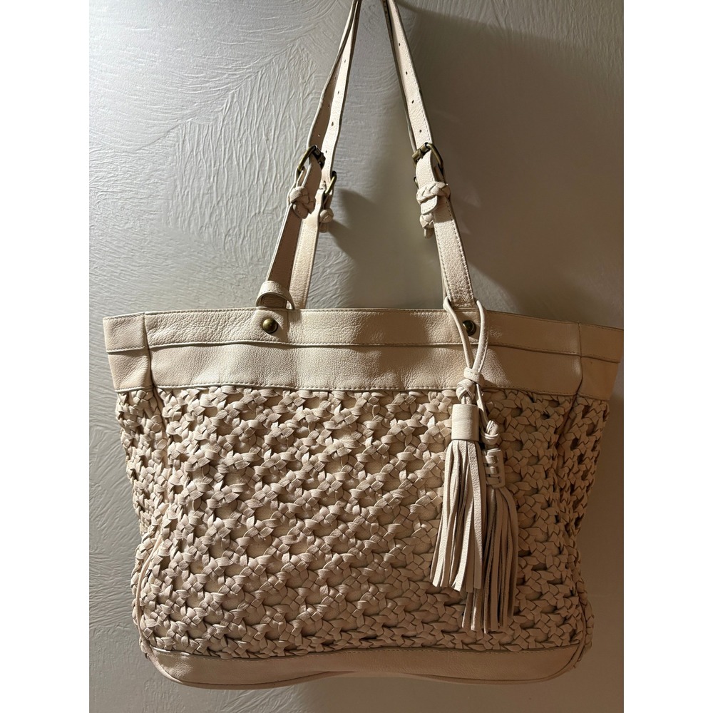 Isabella Fiore Cream Leather Woven Lattice Tote Bag Tassel Shoulder Bag Boho